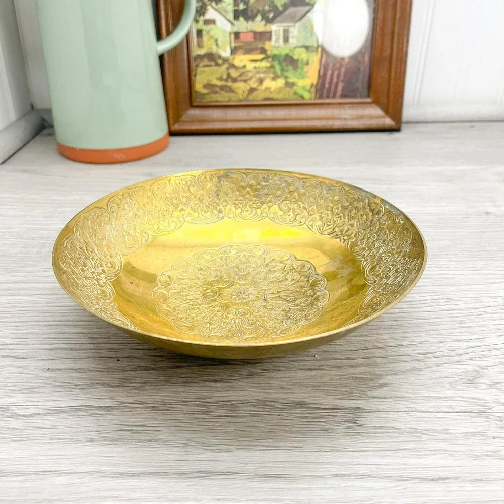 Vintage Etched Brass Bowl: Floral‎ Trinket Dish, Mid-Century Decor